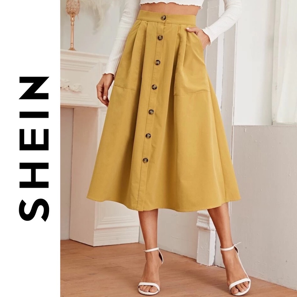 Button Front Flared Midi Skirt with Pockets
